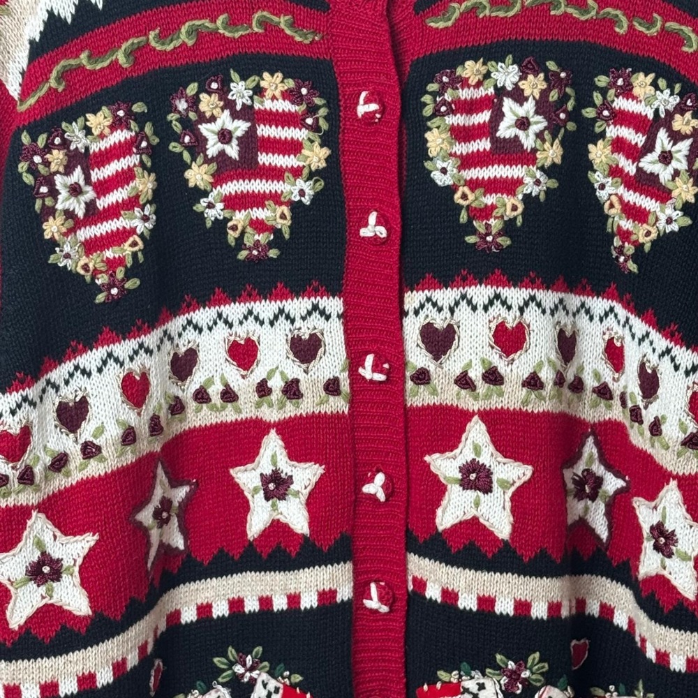 Heirloom Collectibles Cardigan Sweater Women L Red Patriotic Stars Flag Floral - Picture 2 of 6